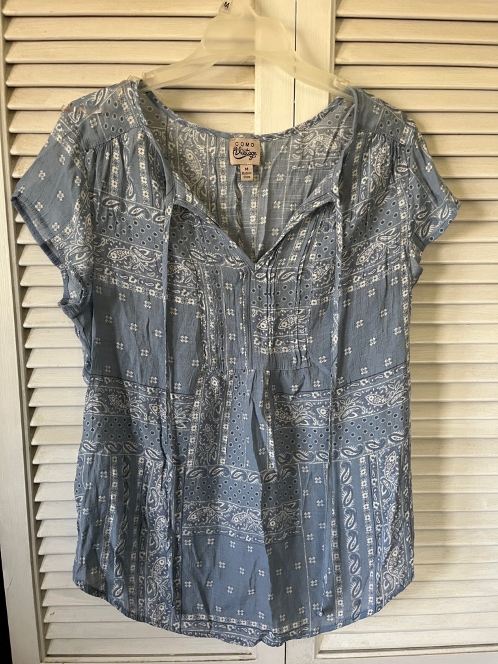Como Vintage Light Blue Paisley Tie-Front Blouse